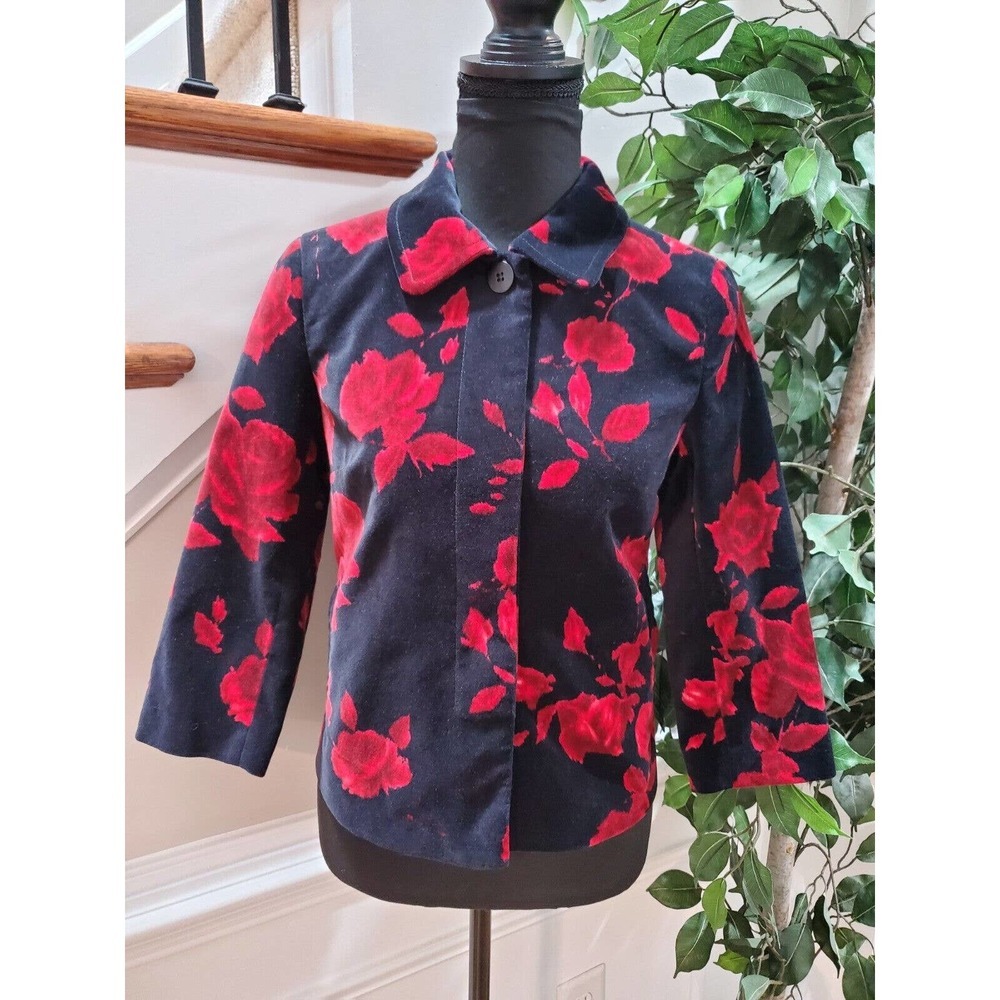Talbots Women's Black Floral 100% Cotton Long Sleeve Collared Casual Jacket 4P